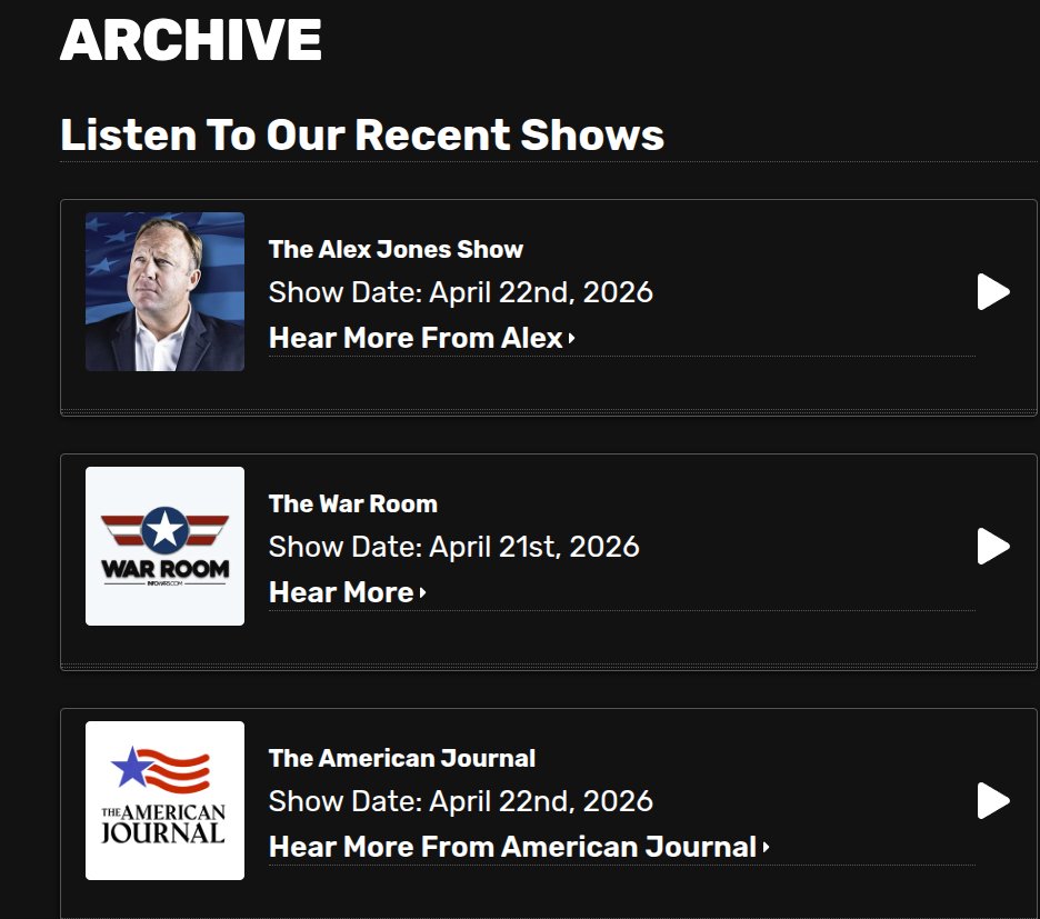 drivermadmax's tweet photo. @RealAlexJones Can listen on the go.. didn't find Podcasts on new site. https://t.co/tPhjJEEQt8