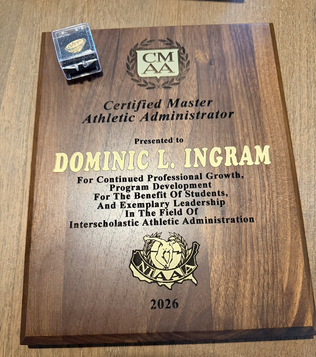 AP_Ingram's tweet photo. Last month I earned my Certified Master Athletic Administrator (CMAA) certification through the @NIAAA9100 . I appreciate the plaque and pin to commemorate this achievements. I look forward to future involvement with the organization. https://t.co/nKf5bubHGz
