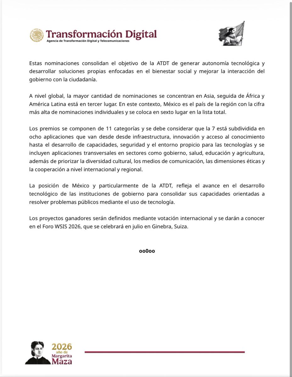 AgenciaGobMX's tweet photo. #Boletín ¡México destaca a nivel global con proyectos tecnológicos!

La ATDT se posiciona como la entidad gubernamental con más nominaciones en América Latina en los Premios @WSISprocess, organizados por la Unión Internacional de Telecomunicaciones de la ONU

☁️Nube MX
🗝️Llave MX
🤖Centro Público de Formación en IA
🛰️Centro de Procesamiento de Imágenes Satelitales
🌐Acceso digital a servicios públicos en lenguas indígenas

Vota en: https://t.co/m6DFNurqmJ