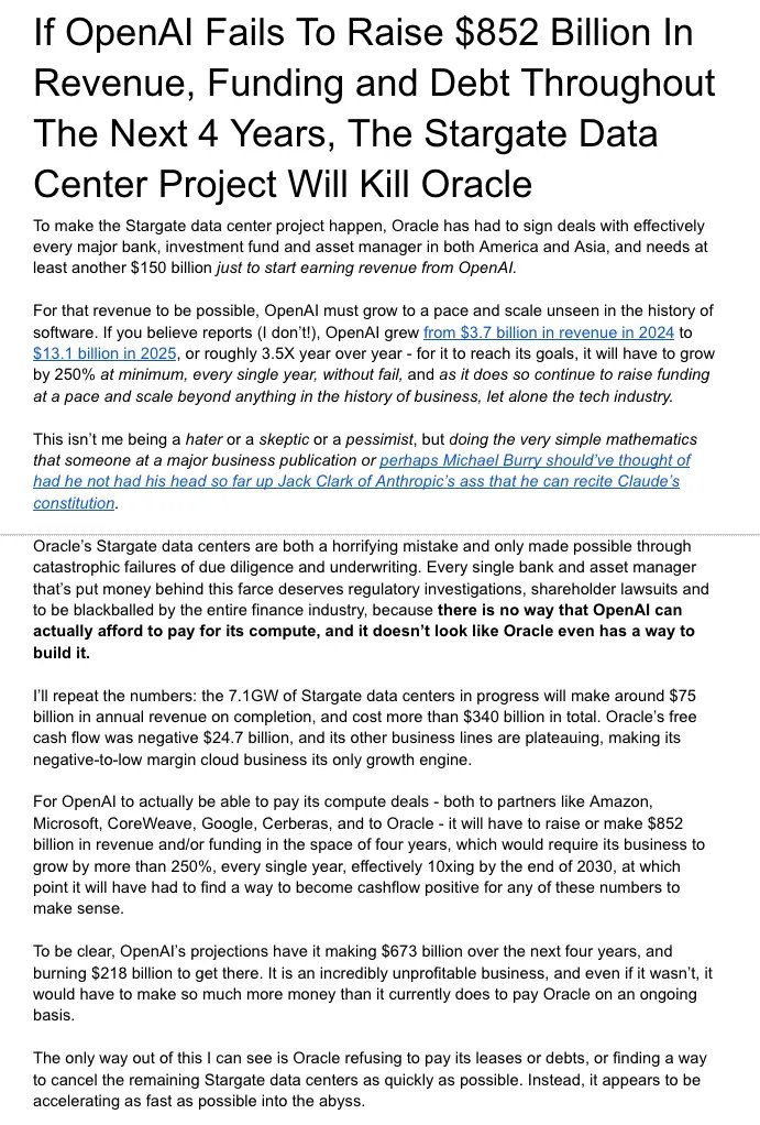 edzitron's tweet photo. Tomorrow's Premium: OpenAI needs to raise or make $852bn through 2030 to pay for the compute costs associated with Stargate and other data centers. If it fails, Oracle dies, and destroys Larry Ellison's wealth.

Here's $10 off annual.
https://t.co/dSqlNelcjC https://t.co/4vm6wqLJ2k