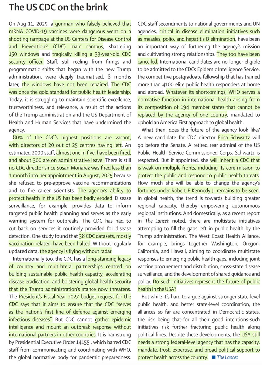 The CDC is on the Brink, the editorial in this week's <a href="/TheLancet/">The Lancet</a> 
thelancet.com/journals/lance…