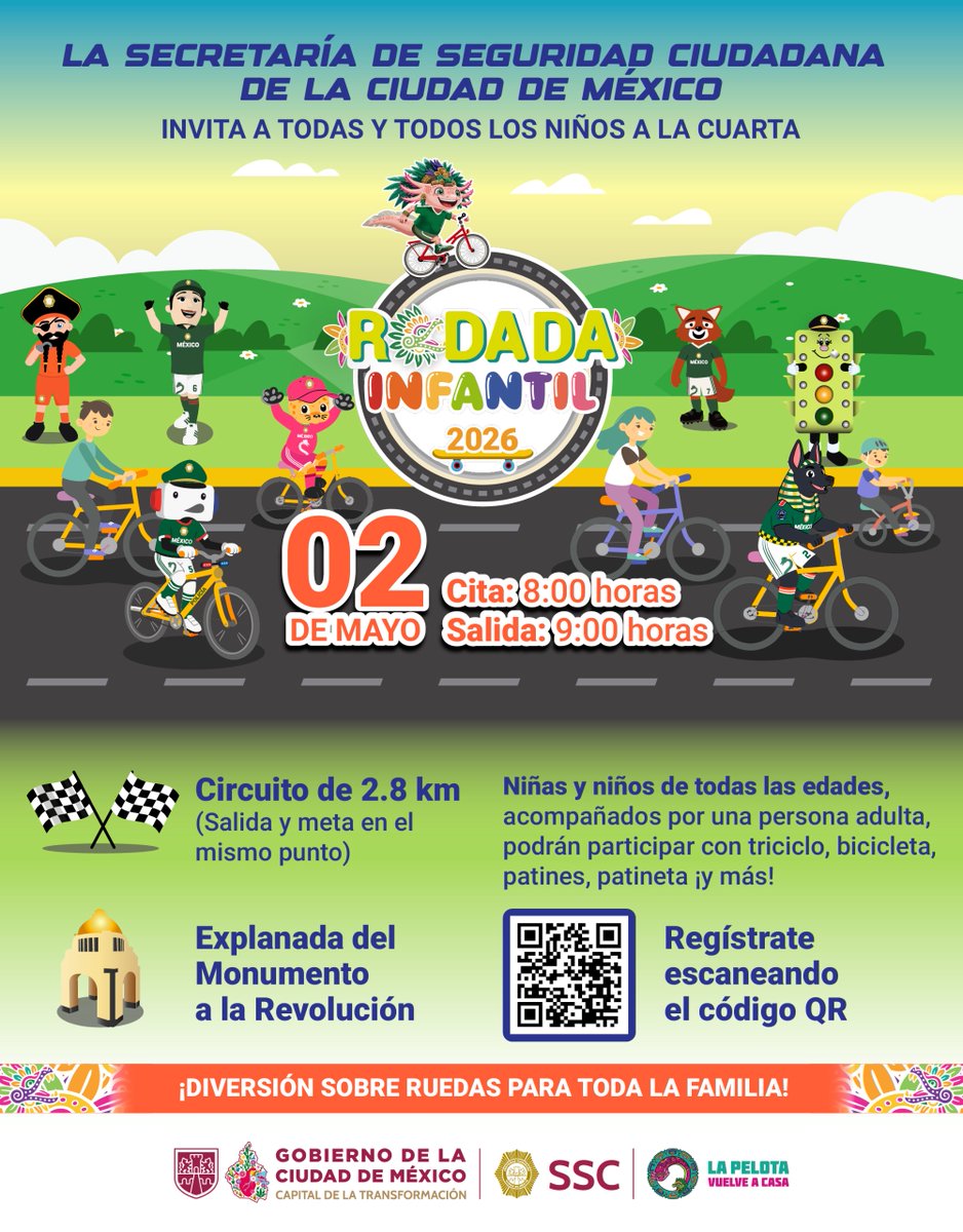 SSC_CDMX's tweet photo. 🚲 👧🏻👦🏻 Este 2 de mayo, te invitamos a participar en la Cuarta #RodadaInfantil 2026.
La cita es en:
📍 Monumento a la Revolución
🕗 8:00 horas
📋 Regístrate aquí para participar: https://t.co/EogIYqqGJZ
¡No faltes, habrá sorpresas! https://t.co/clhE8zMyBG