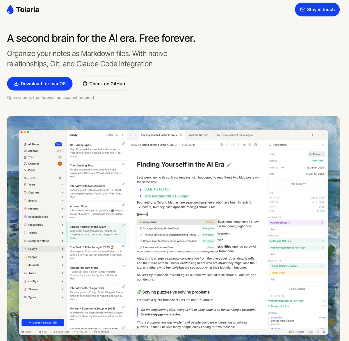 发现一个宝藏笔记应用，叫 Tolaria，macOS 上的，专门为 AI 协作场景设计的。可以理解为一个轻量版的 Obsidian。

如果你感觉 Notion 的体验很好，但又不想把数据全交给云端。你喜欢 Obsidian 支持本地存储，但感觉它体积臃肿，用起来也不够顺手。那 Tolaria 几乎就是为你这类人量身定做的。