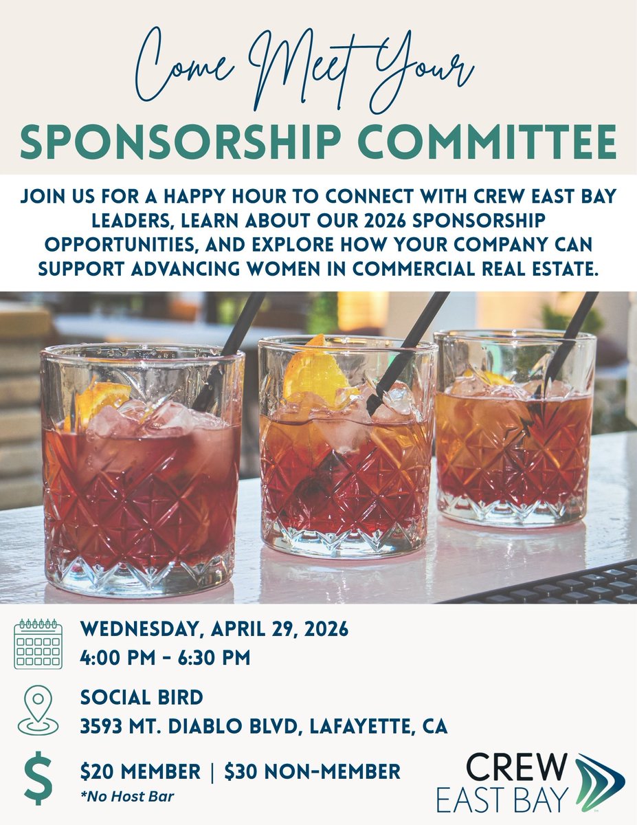 CREWEastBay's tweet photo. You’re invited to join the Sponsorship Committee for an evening of networking and conversation! 🍸

Join us for a Happy Hour to connect with CREW East Bay leaders, learn about our 2026 sponsorship opportunities, &amp; explore how your company can support advancing women in CRE! https://t.co/LSHrDwfCaE