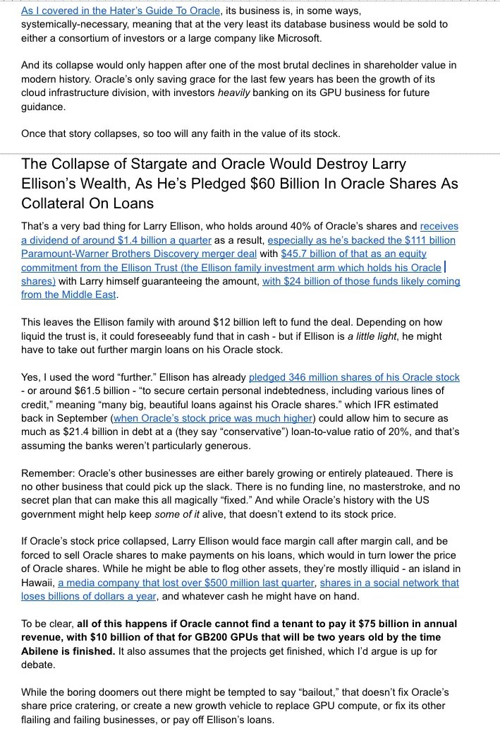 edzitron's tweet photo. Tomorrow's Premium: OpenAI needs to raise or make $852bn through 2030 to pay for the compute costs associated with Stargate and other data centers. If it fails, Oracle dies, and destroys Larry Ellison's wealth.

Here's $10 off annual.
https://t.co/dSqlNelcjC https://t.co/4vm6wqLJ2k