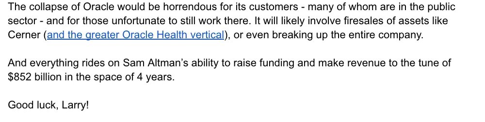 edzitron's tweet photo. Tomorrow's Premium: OpenAI needs to raise or make $852bn through 2030 to pay for the compute costs associated with Stargate and other data centers. If it fails, Oracle dies, and destroys Larry Ellison's wealth.

Here's $10 off annual.
https://t.co/dSqlNelcjC https://t.co/4vm6wqLJ2k