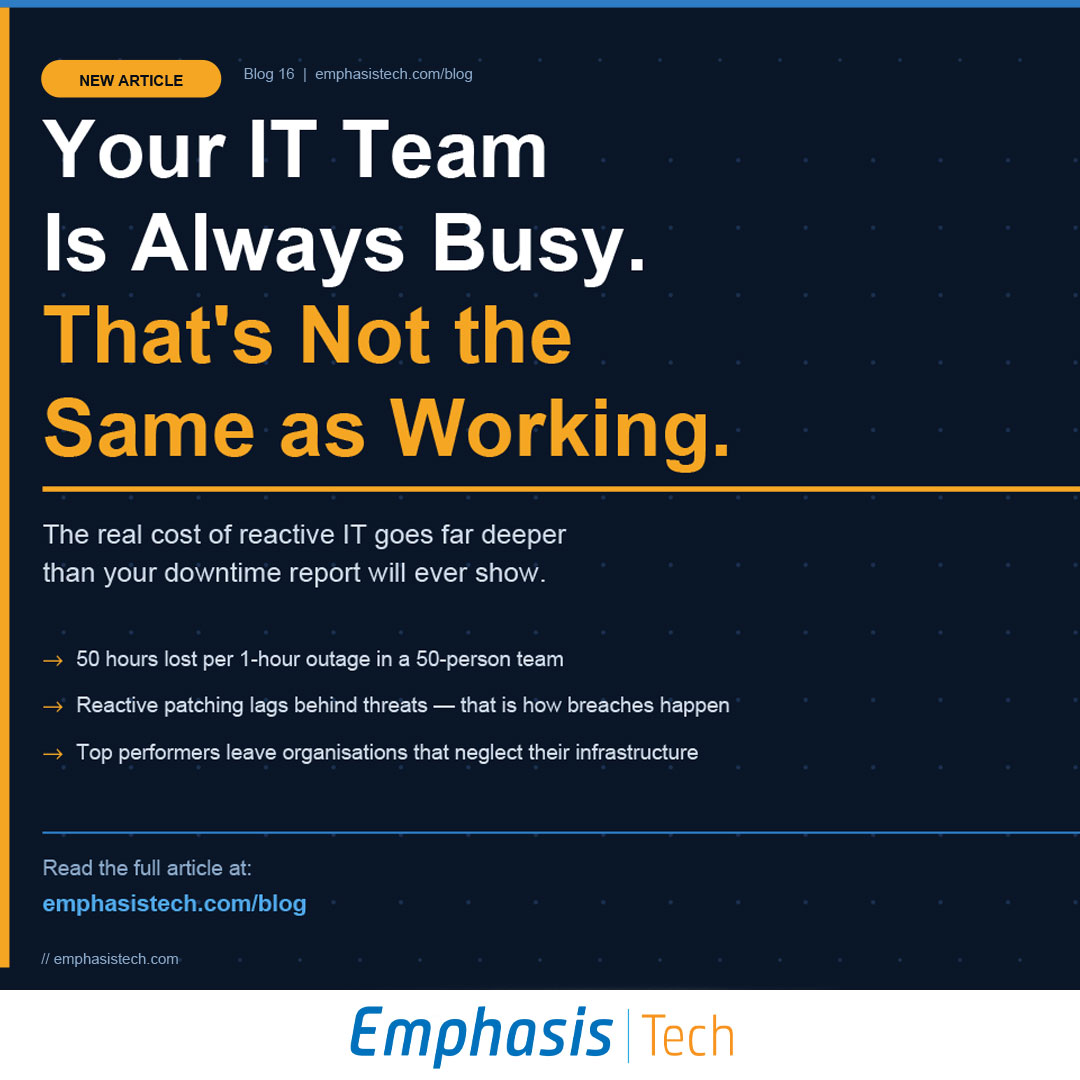 emphasis_tech's tweet photo. Help-desk tickets closed. Server patched. Outage fixed.
Then it happens again.

Reactive IT costs far more than it looks.
New article → https://t.co/BUdWPpgITD

#ReactiveIT #ITStrategy #TechLeadership #EmphasisTech #DigitalTransformation https://t.co/rjLG0sIbjT