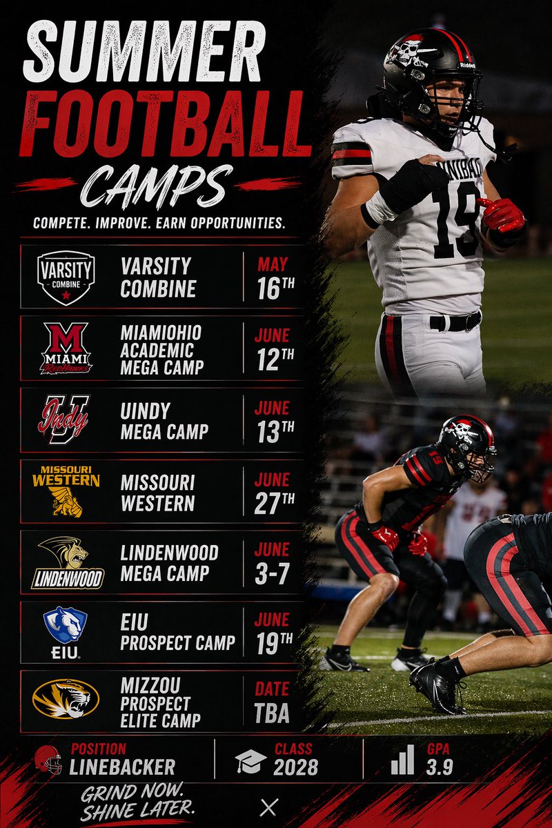 MurfDonnie's tweet photo. CAMP LIST THIS SUMMER 
I will be attending all of these listed camps! 
2028 3.9GPA 6’3 225 LB/ATH https://t.co/fbFW7gwfAh