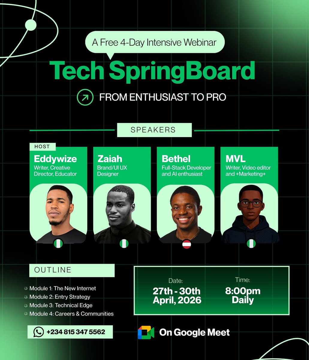 Edwinchuk3's tweet photo. TECH SpringBoard: Your Gateway to Tech

Whether it’s Crypto, AI, Coding, or Community Management, TECH SpringBoard gives you the practical roadmap to start, grow, and earn.

What You’ll Learn,

Module 1: The New Internet
- Crypto beyond hype
- How to research and spot real opportunities

Module 2: Entry Strategy
- In-demand skills & how to break in
- Design & brand strategy basics

Module 3: Technical Edge
- Coding fundamentals
- Using AI tools effectively
- Turning skills into income

Module 4: Careers & Communities
- Build your presence
- Land roles in Web3—even without coding

A 4 day intensive training 
8pm Daily

Brought to you by Sagah Community

JOIN THE GROUP FOR MORE UPDATES

https://t.co/hJ4dsMMqO6