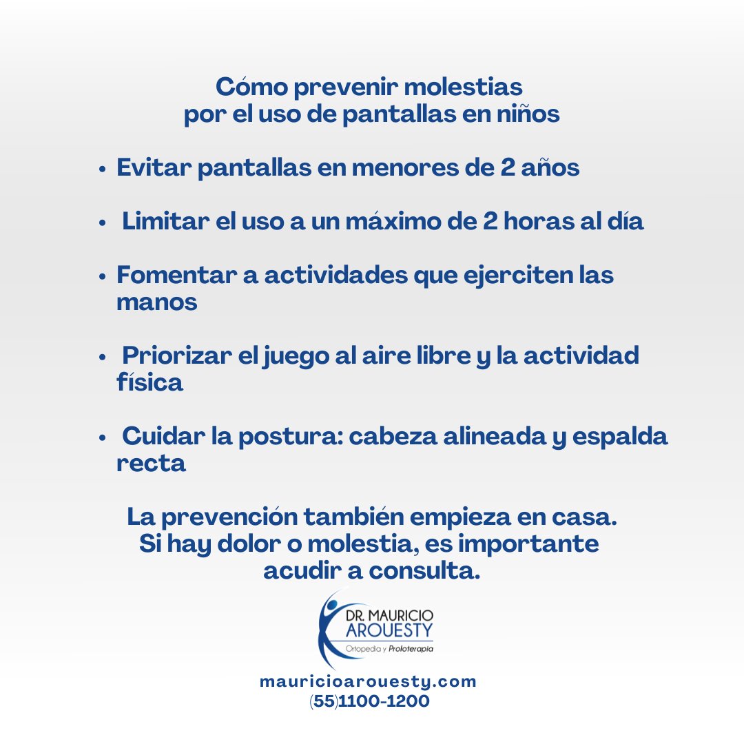 DrArouesty's tweet photo. El uso excesivo de celulares en niños puede provocar molestias físicas y afectar su desarrollo.

Dolor en manos, cuello o espalda, fatiga visual y alteraciones del sueño son señales de alerta.

Más información ➡️ https://t.co/bE5x2iYnZX

📍 Acueducto Río Hondo 30, 3er piso, CDMX
☎️ Citas 5511001200