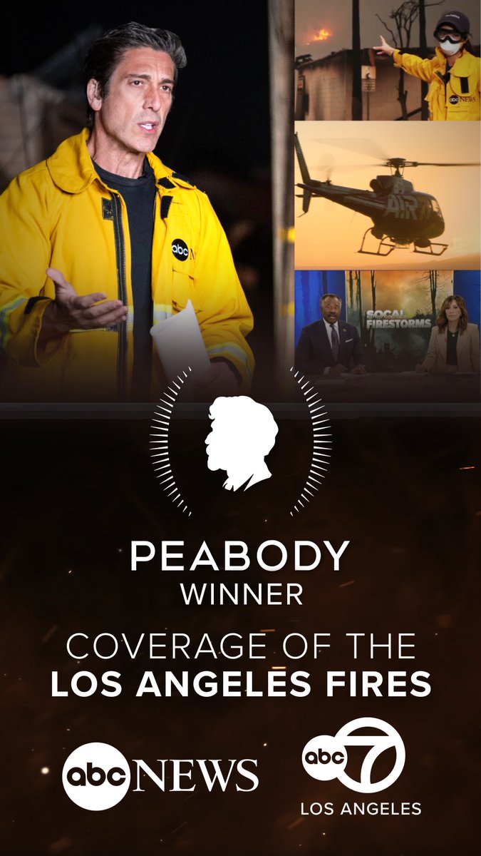 ABC7's tweet photo. ABC7, along with ABC News, has been recognized with a Peabody Award for our coverage of the 2025 January wildfires.

The Peabody is one of the biggest awards in journalism.

The award highlights the work we did during the firestorm, bringing you important updates about the fires as they burned and our ongoing coverage of the recovery efforts.

We're proud of the work we've done and the work we continue to do to serve our viewers as we work to recover together. https://t.co/aMJXC65EZP