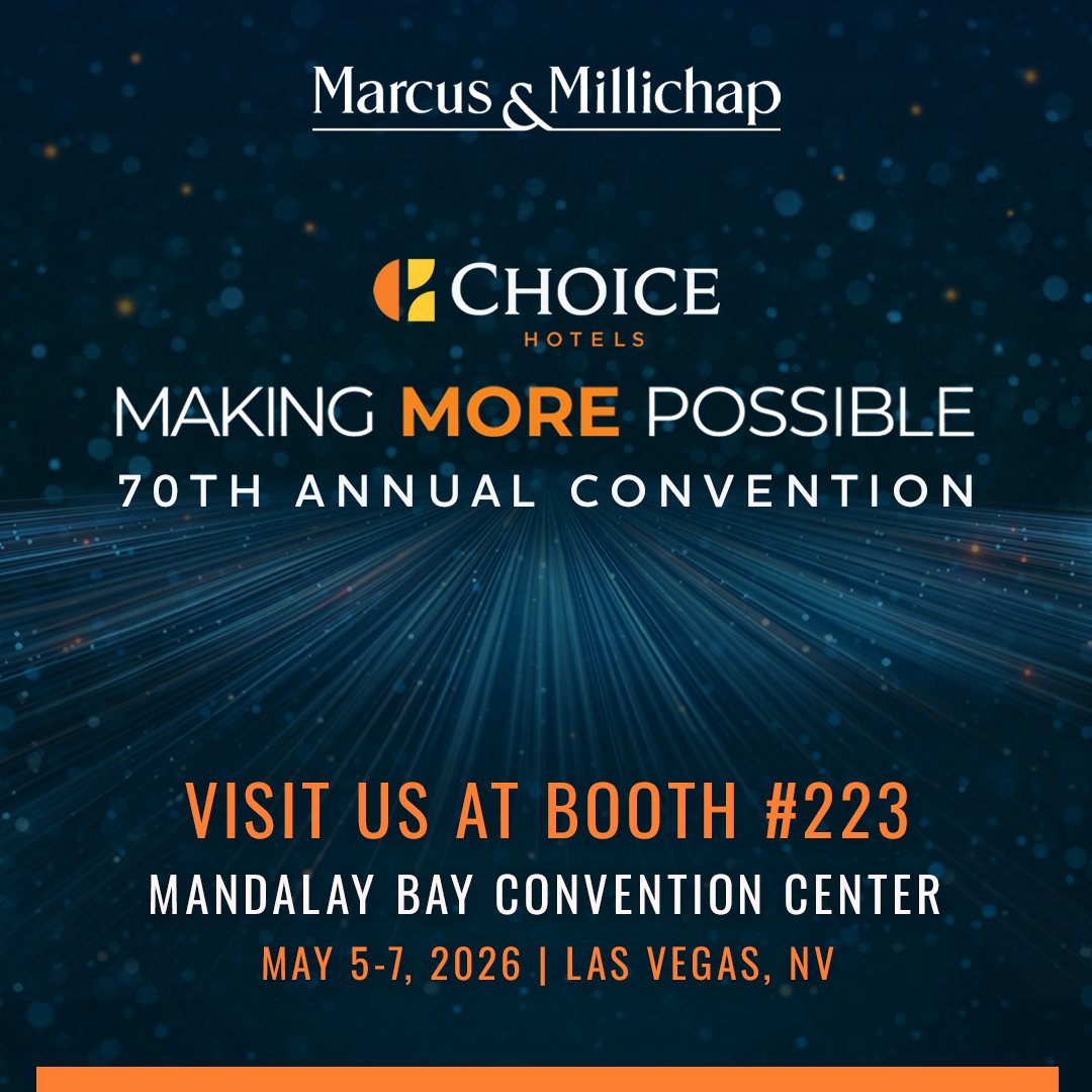 MMREIS's tweet image. Marcus &amp;amp; Millichap will be attending Choice Hotels 70th Annual Convention on May 5-7, 2026 at Mandalay Bay Resort &amp;amp; Casino in Las Vegas, NV. Visit our advisors at booth #223.

Learn more: ow.ly/mIQX50YOP1O

#cre #commercialrealestate #hospitality