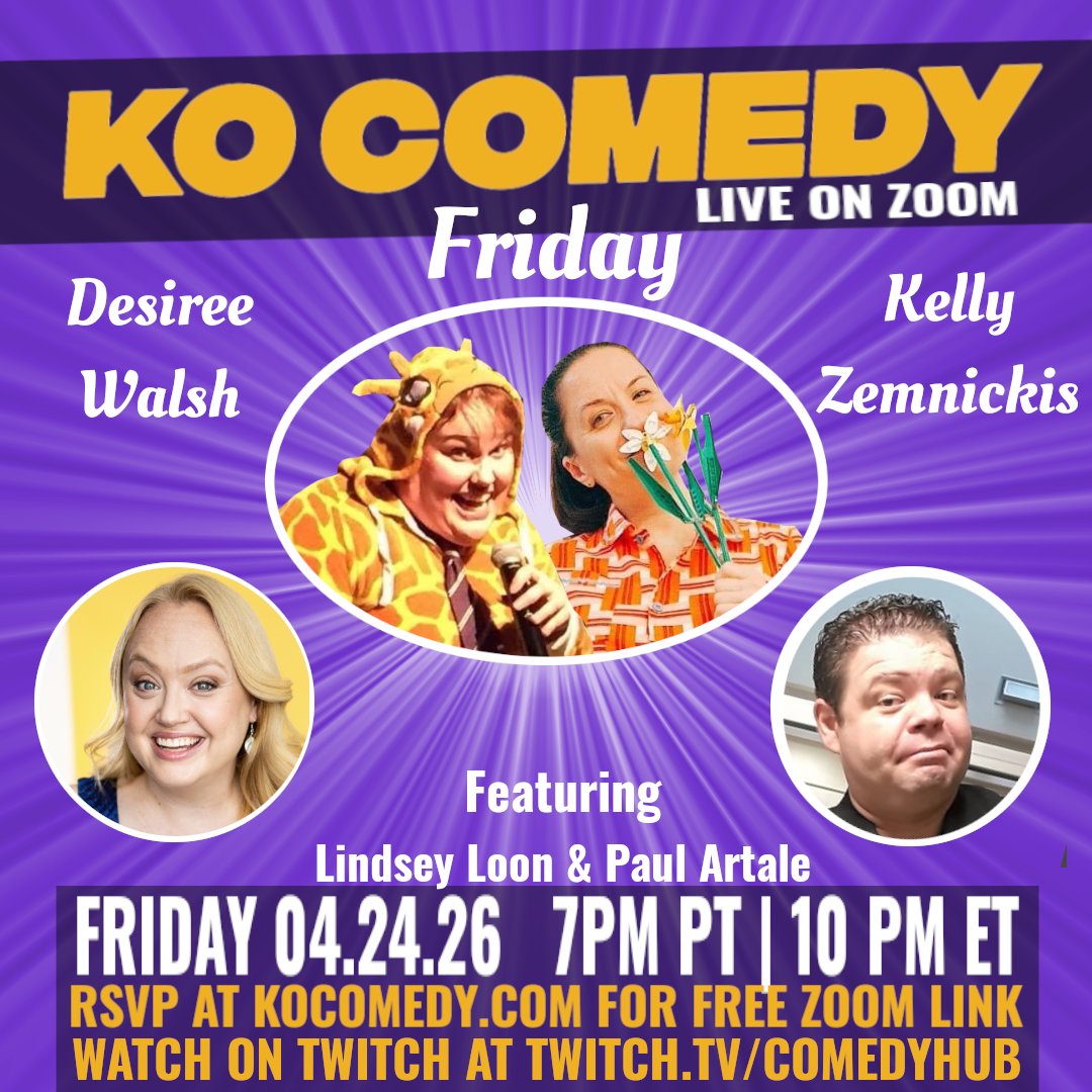 kocomedy's tweet image. FRIDAY!!! Get out your giggle gear, 'cause it's time to laugh with Kelly &amp;amp; Desiree! Then, hang out and play games with Sarah &amp;amp; Lorna on the Afterparty. Get your free Zoom link at KOComedy.com or watch with @comedyhublive 
#KO #Comedy #Friday #Afterparty