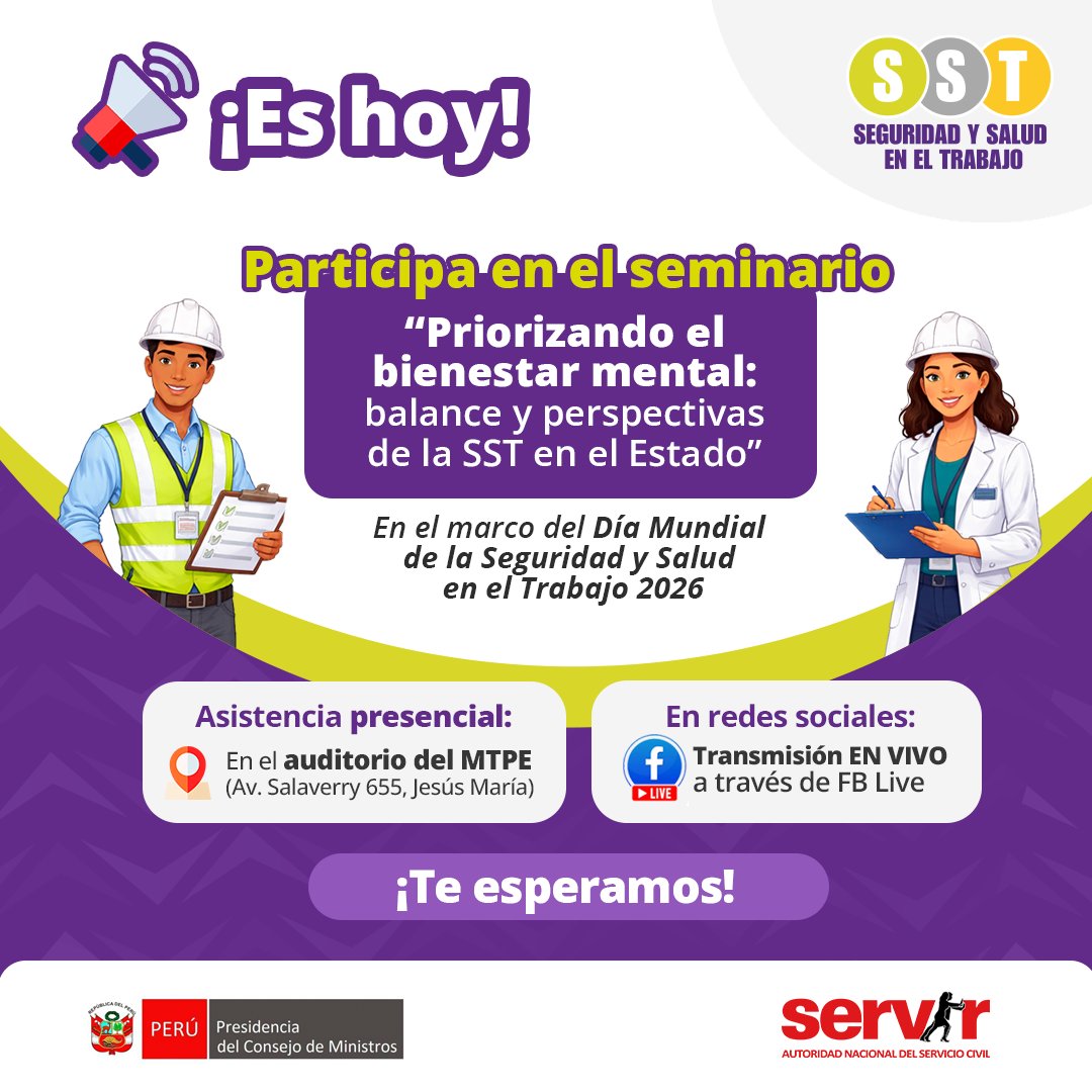 SERVIR_PERU's tweet image. 🚨 ¡HOY en la #AgendaDelServidor!
No te puedes perder el seminario "Priorizando el bienestar mental: balance y perspectivas de la #SST en el Estado".🏛️
Te esperamos en
⏰ 9 a. m.,📍Auditorio del MTPE
📲 Vía virtual por transmisión por #FacebookLive

#SSTSectorPúblico #SaludMental