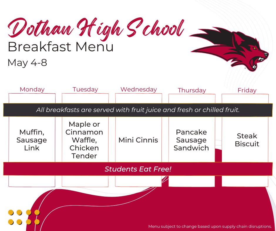 DothanCNP's tweet photo. Get ready for a great week of meals at Dothan High School! 🍽️ Check out what’s on the menu and find your new favorite. 😋✨

*Menus are subject to change due to food availability. Thank you for your patience and understanding!

@DCSdothan #lovedothan https://t.co/ixpODUEwRt