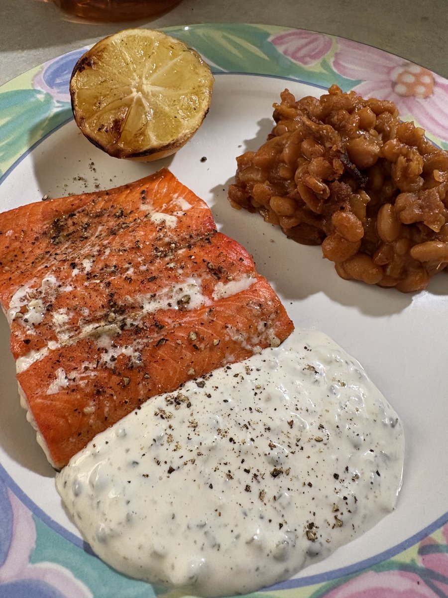 Grilled Sockey with homemade tartar sauce and a side of leftover smoked baked beans from a cookout yesterday with friends.  Delish!