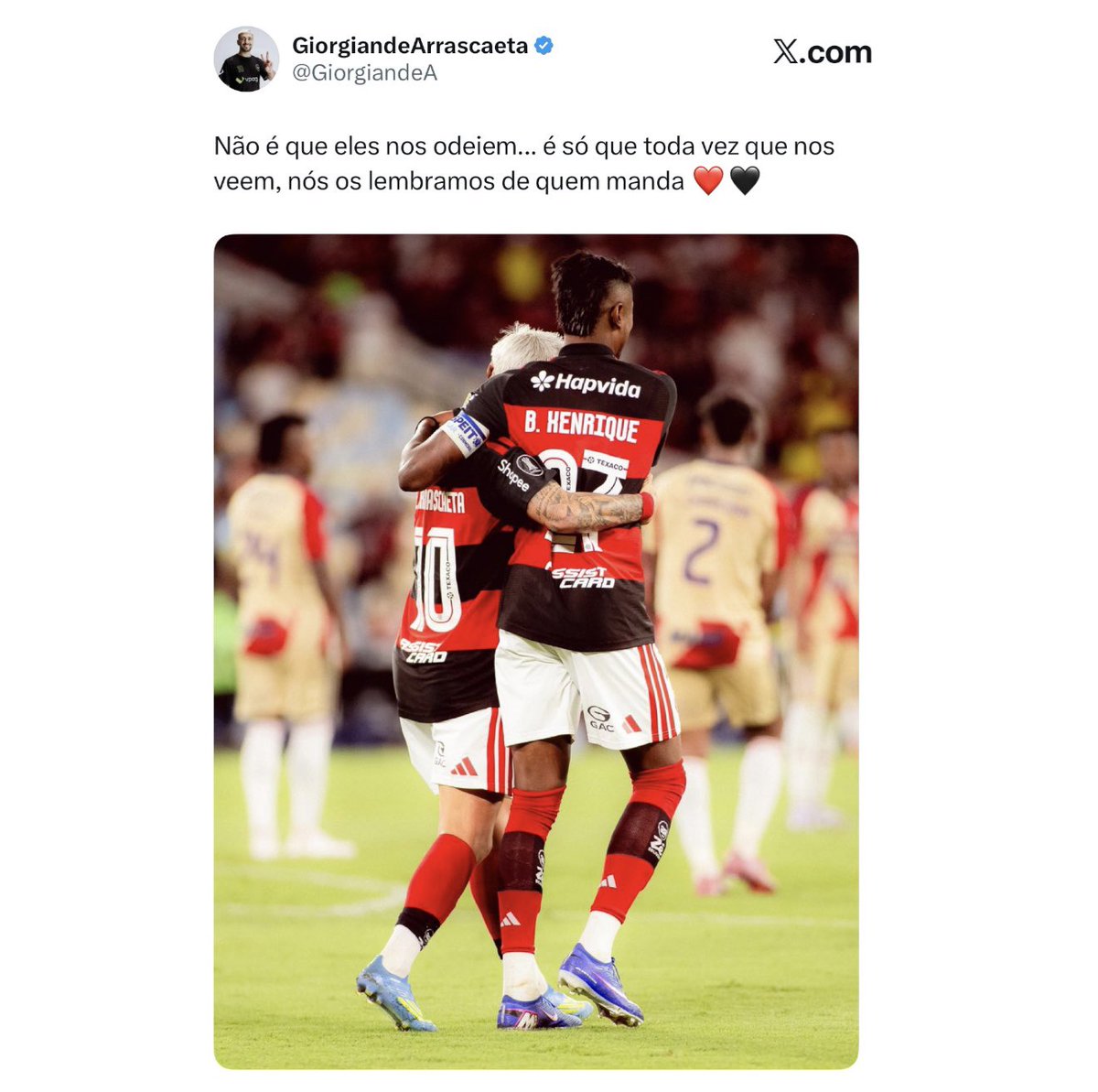 Publicação de Arrascaeta, do Flamengo: "Não é que eles nos odeiem… é só que toda vez que nos veem, nós os lembramos de quem manda."

📸 Adriano Fontes/CRF