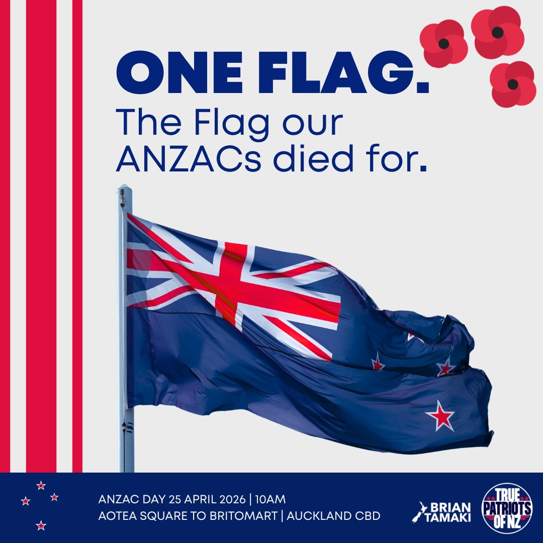 BrianTamakiNZ's tweet photo. TRUE PATRIOTS 🇳🇿

ANZAC DAY...THIS IS WHAT THEY FOUGHT FOR.

They stood under ONE FLAG.
They fought for ONE NATION.
They died for NEW ZEALAND.

Tomorrow...we honour them properly.

Bring the New Zealand flag.
Lift it high. Carry it strong.

Let Queen Street be covered in them.
Let every step echo their sacrifice.

No confusion.
No compromise.
No surrender.

They had ONE FLAG.
So do we.

🇳🇿 BRING IT. FLY IT. OWN IT.
@TruePatriotsNZ