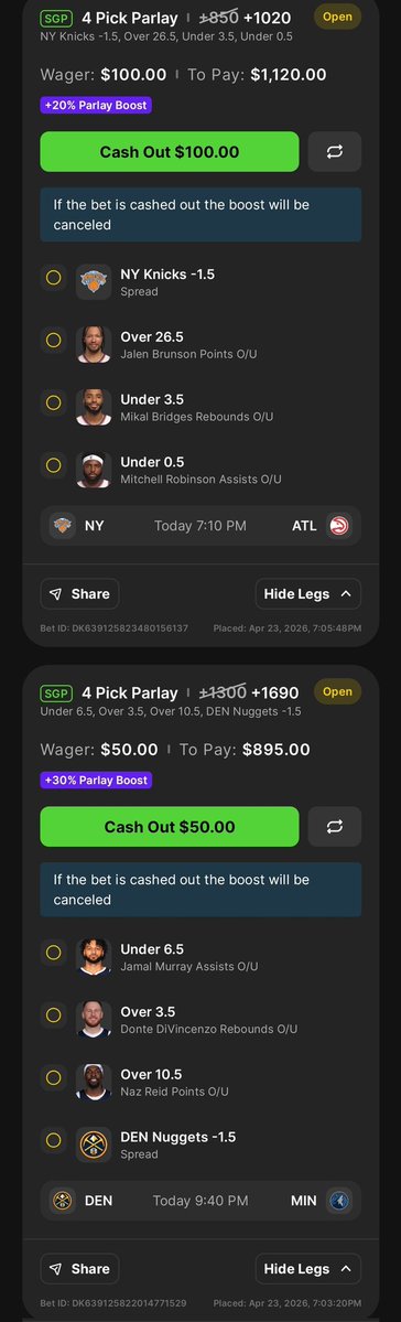 TPJ187's tweet image. Two more #SGP #Boost plays

Went by the stats and kept with the favorites covering ATS trend

Surprised to see Bridges doesn't REB and Robinson rarely gets AST 😮

Pencils down now
#NYKvsATL #DENvsMIN #PlayerProps #StiefsBeliefs