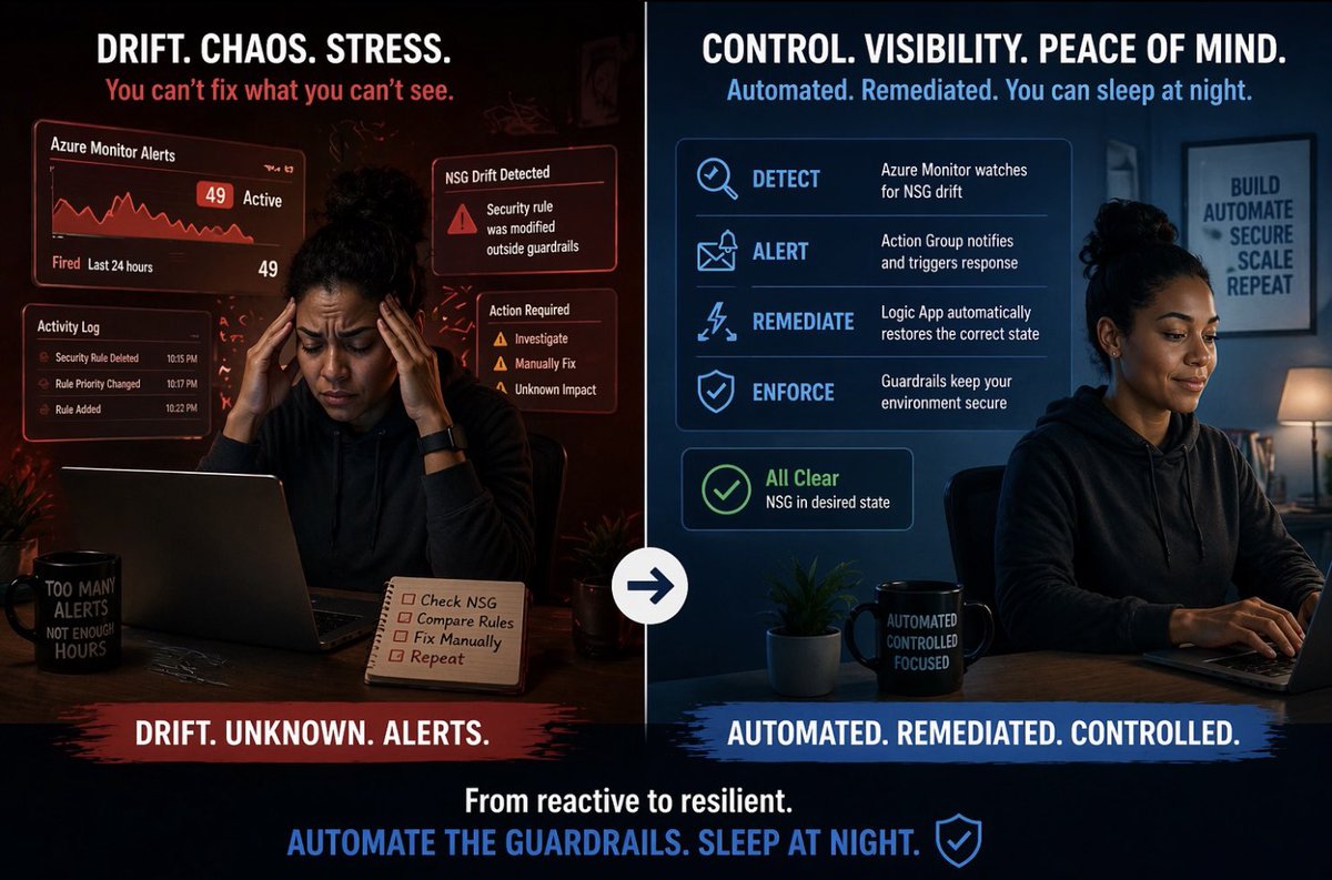 MrsFields0610's tweet image. NSG drift → detected → remediated automatically.

No guessing. No manual fixes.

This is how you sleep at night.

Full breakdown on Substack 👇

open.substack.com/pub/nichellefi…

#Azure #CloudSecurity #DevOps #IaC #CloudEngineering #Automation