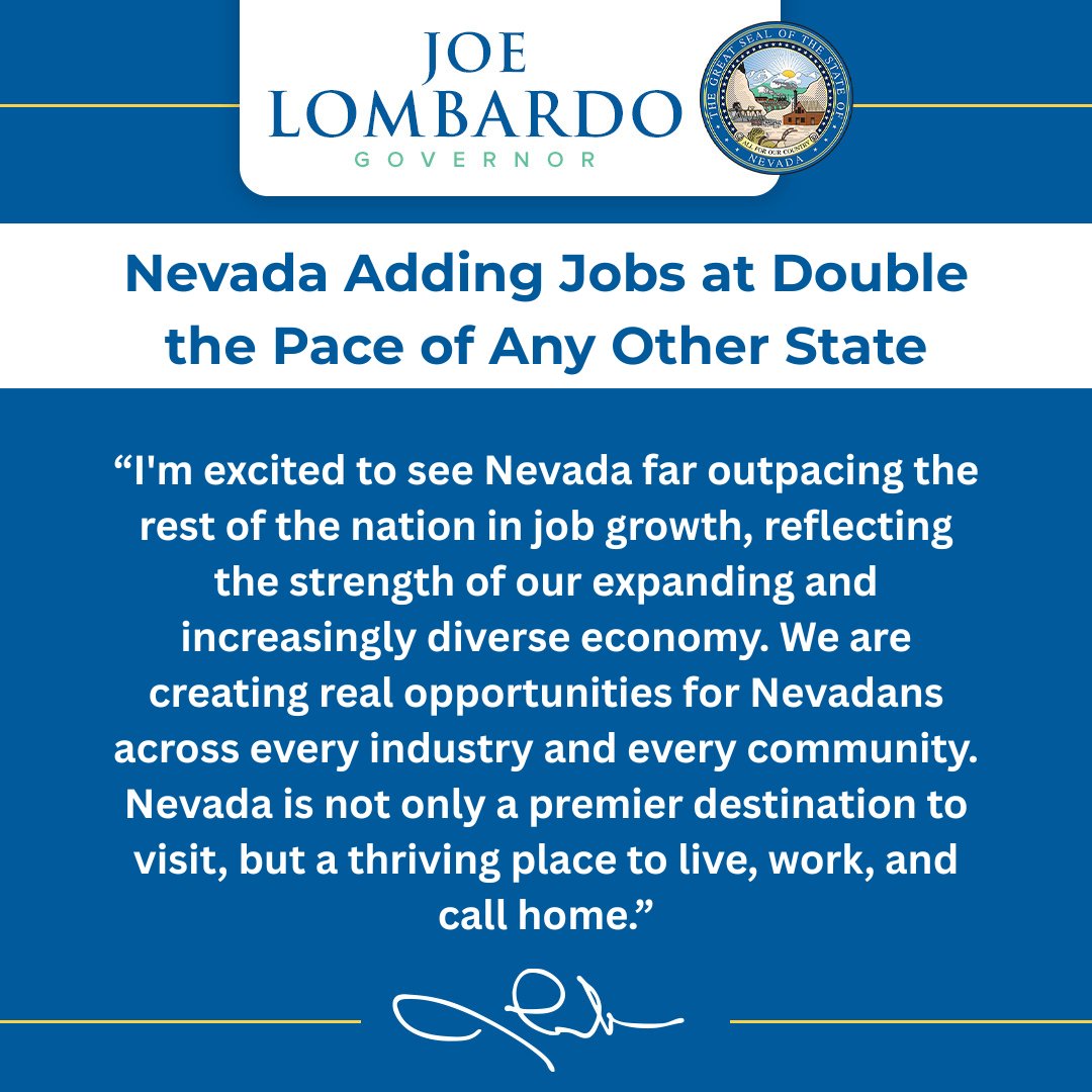 JosephMLombardo's tweet photo. Exciting news today from @DetrNevada: According to new data from the U.S. Bureau of Labor Statistics, Nevada is adding jobs at more than double the rate of any other state in the nation. https://t.co/Cnxe63pHh9