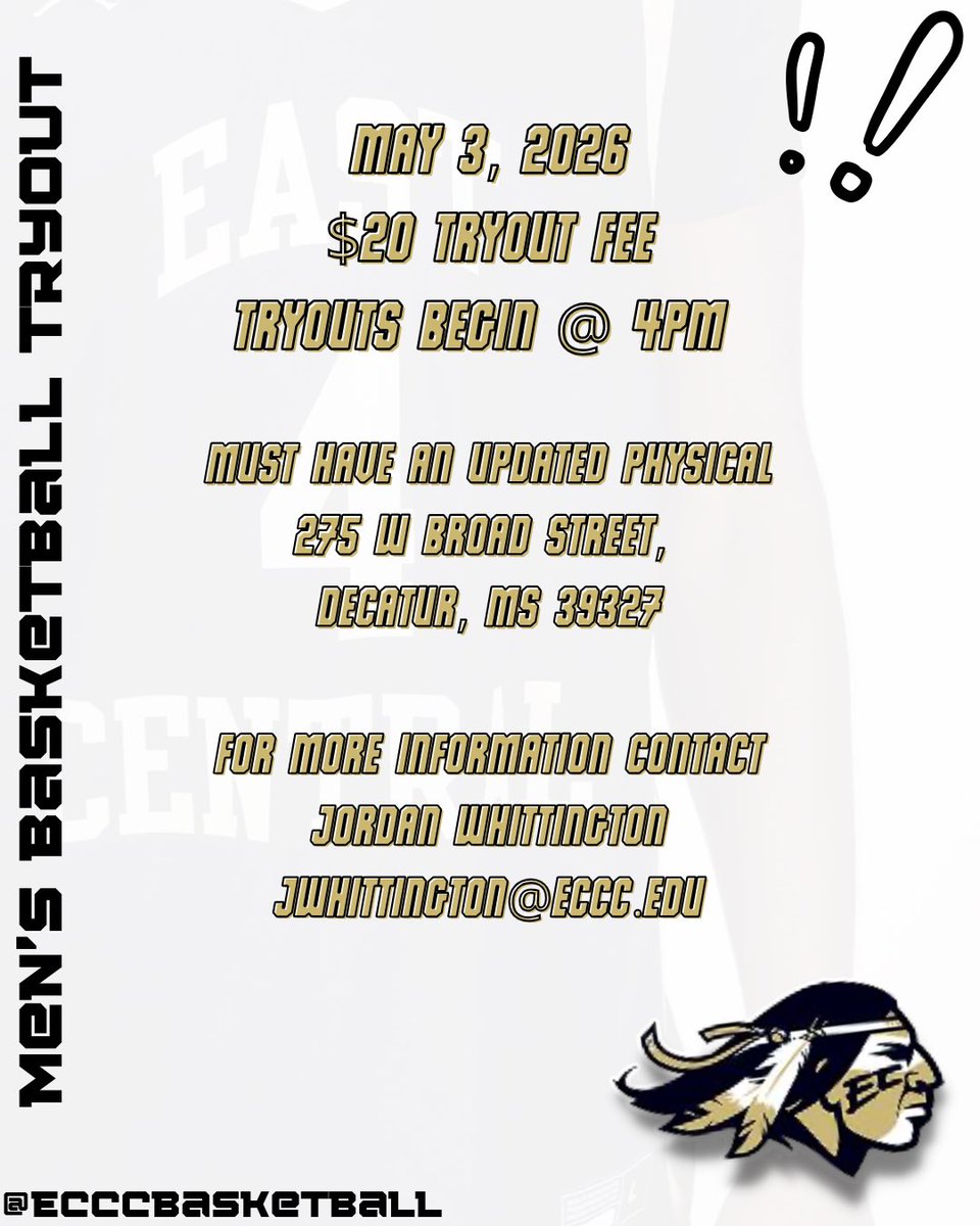 ECCCBasketball's tweet photo. High School Men’s Basketball Tryout

📆May 3, 2026
⏱️4:00pm
📍Decatur, MS

Must have an up to date physical https://t.co/AM7eGpmrIs