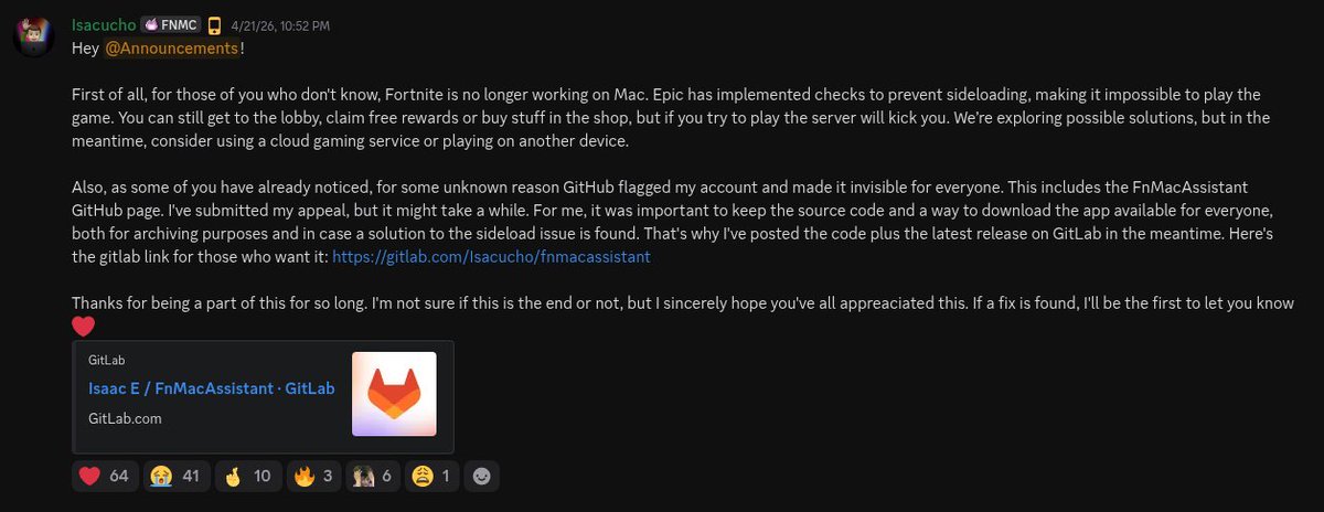 FortniteLinux's tweet photo. Ever since update v40.20's release, users playing on Mac using FNMacAssistant have found that the game no longer works. The FNMacAssistant team has confirmed on their Discord that Epic is now blocking anyone who plays the game via sideloading and are unsure if it can be fixed. https://t.co/forcgn5qAK