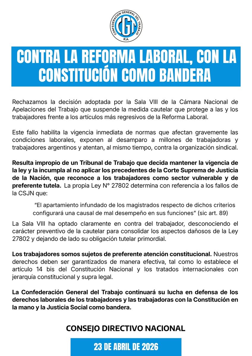 🇦🇷 CONTRA LA REFORMA LABORAL, CON LA CONSTITUCIÓN COMO BANDERA

Rechazamos la decisión adoptada por la Cámara Nacional del Trabajo que suspende la medida cautelar que protege a las y los trabajadores frente a los artículos más regresivos de la Reforma Laboral.

#CGT