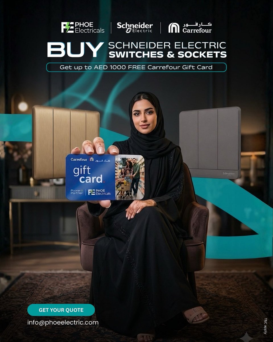 PhoeElectric's tweet image. Schneider Electric Switches UAE

Upgrade to AvatarOn &amp;amp; Unica X
Perfect for villas &amp;amp; modern projects

🎁 Get up to AED 1000 FREE Carrefour Gift Card

✔️ Ready Stock UAE
✔️ Fast Delivery

🌐 phoeelectric.com

#SchneiderElectricsuplier #DubaiElectrical #Switches