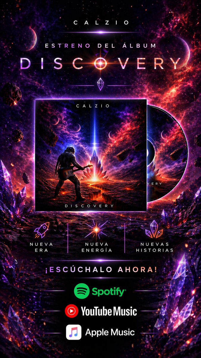 calziomusic's tweet photo. ¡DISCOVERY YA ESTÁ AQUÍ! 📡🎸 La señal ha sido decodificada y el rock espacial ya recorre la Tierra. Escucha mi nuevo álbum en tu plataforma favorita: https://t.co/JnhYW5JGq4. 🚀🔥 ¡Hagamos que el universo retumbe! 🧑‍🚀 #CalzioDiscovery #Lanzamiento #Rock" https://t.co/92zyjOfW0y