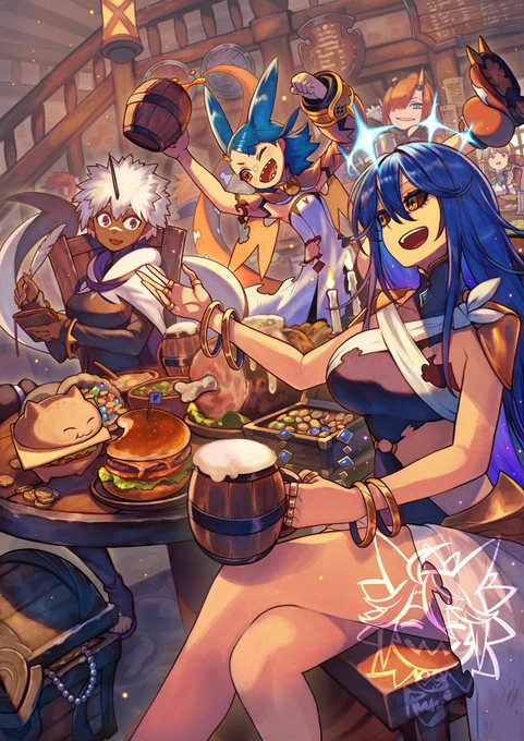 Zoe()さんとティオナのコラボ連作イラストまとめ・後編3枚です! クエストの目的地にたどり着いた二人はボスに遭遇する…! 最後の1枚がとってもハッピーな感じで一番お気に入り!