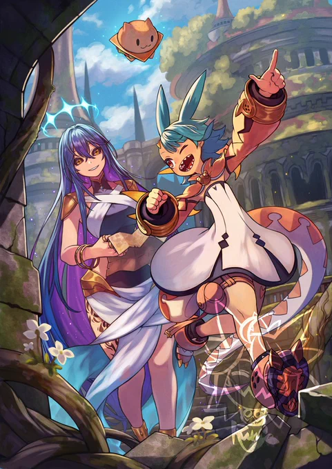 Zoe()さんとティオナのコラボ連作イラストまとめ・後編3枚です! クエストの目的地にたどり着いた二人はボスに遭遇する…! 最後の1枚がとってもハッピーな感じで一番お気に入り!
