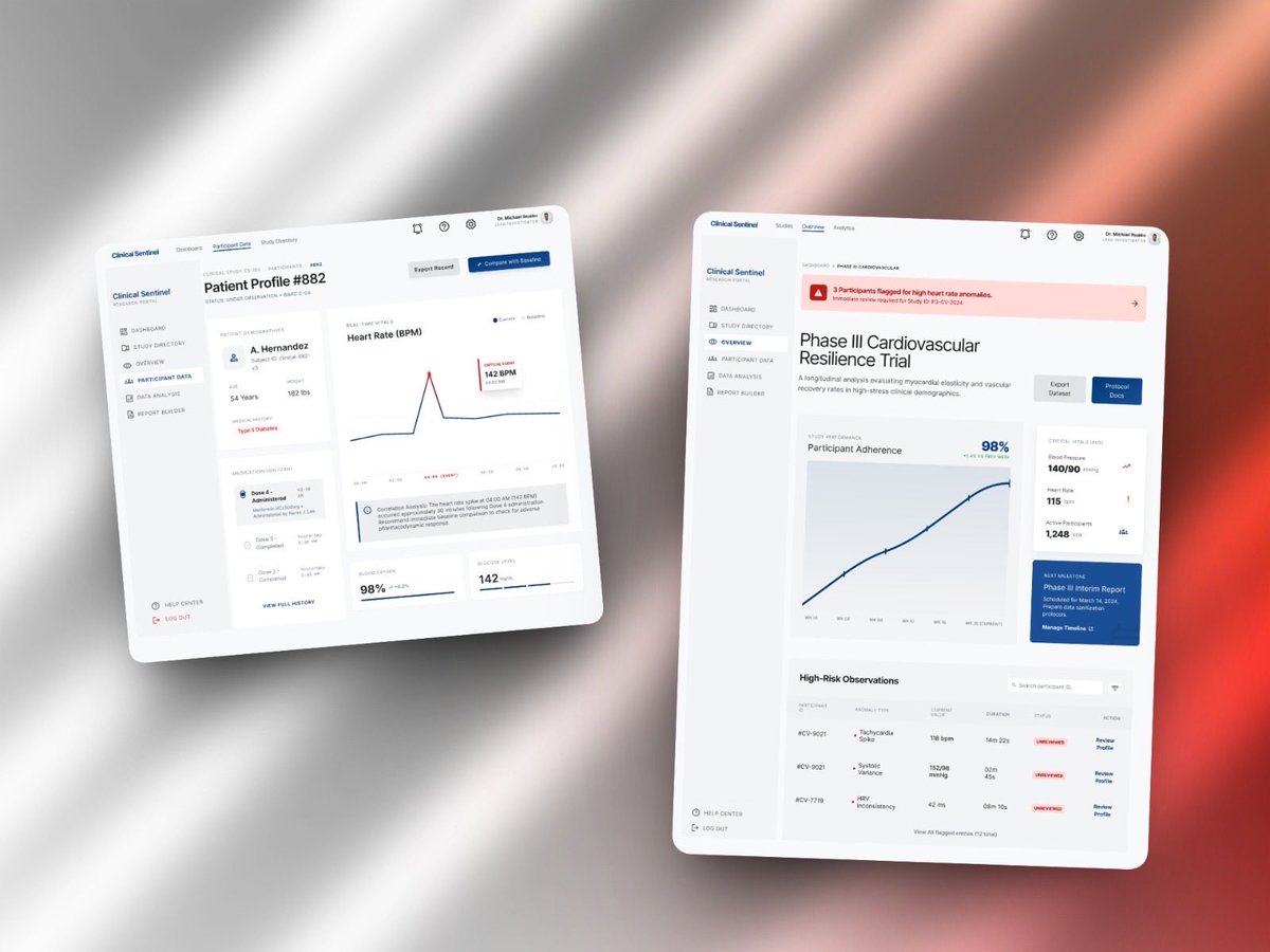 its_Michaelcj's tweet image. I designed Clinical Sentinel a health-tech flow that turns complex research data into life-saving insights.

The Journey: Dashboard - Study Analysis- Participant Vitals - Action.

Designing for accuracy, trust, and speed 

#UXDesign #MedTech #ProductDesign #UIUX