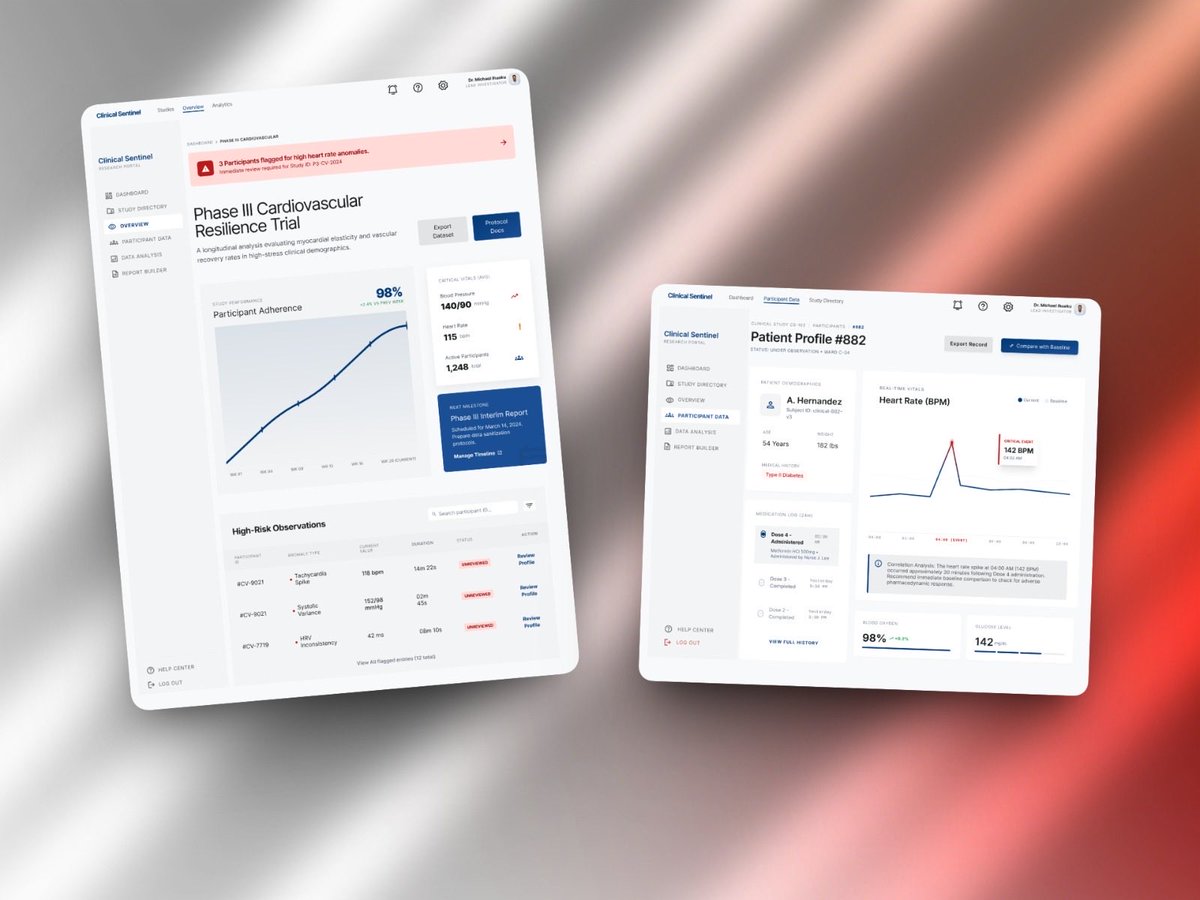 its_Michaelcj's tweet image. I designed Clinical Sentinel a health-tech flow that turns complex research data into life-saving insights.

The Journey: Dashboard - Study Analysis- Participant Vitals - Action.

Designing for accuracy, trust, and speed 

#UXDesign #MedTech #ProductDesign #UIUX