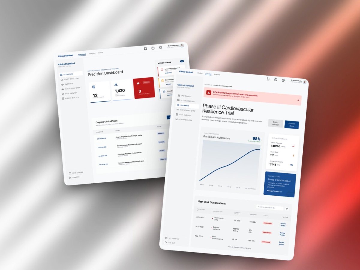 its_Michaelcj's tweet image. I designed Clinical Sentinel a health-tech flow that turns complex research data into life-saving insights.

The Journey: Dashboard - Study Analysis- Participant Vitals - Action.

Designing for accuracy, trust, and speed 

#UXDesign #MedTech #ProductDesign #UIUX
