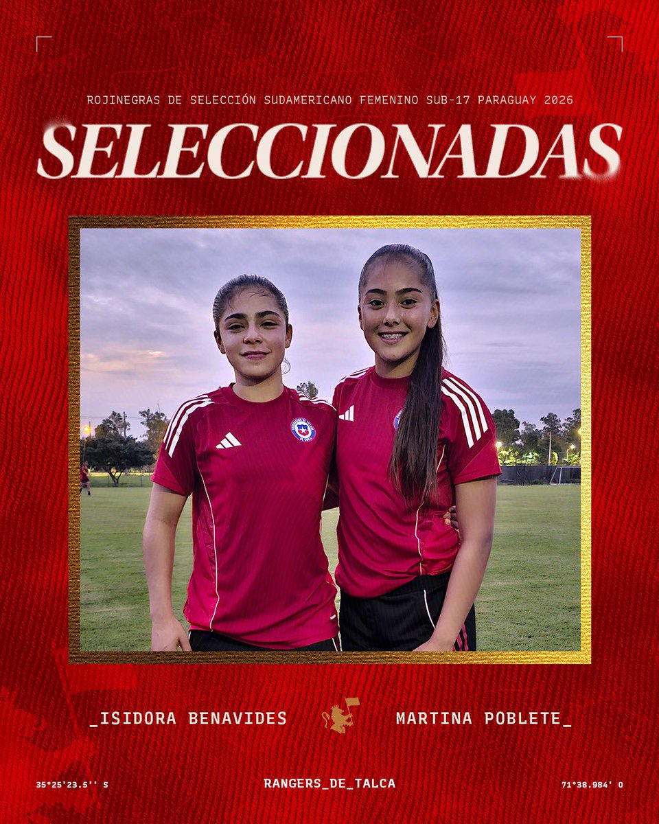 Rangersdetalca_'s tweet photo. 🔴⚫️ 𝐎𝐫𝐠𝐮𝐥𝐥𝐨 𝐫𝐨𝐣𝐢𝐧𝐞𝐠𝐫𝐨 𝐲 𝐫𝐞𝐠𝐢𝐨𝐧𝐚𝐥

🇨🇱 Nuestras jugadoras Isidora Benavides y Martina Poblete serán parte de la selección chilena, que disputará el Sudamericano sub-17 en Paraguay 🇵🇾 

🏆 El torneo se desarrollará entre el 24 de abril y el 9 de mayo, y este viernes La Roja hará su debut en fase de grupos ante Bolivia, a las 16:00 horas, en el Estadio CARFEM de Ypané 🏟️

¡Todo el éxito en esta nueva aventura! 💪

#𝐑𝐚𝐧𝐠𝐞𝐫𝐬𝐒𝐨𝐦𝐨𝐬𝐓𝐨𝐝𝐨𝐬 🔴⚫️