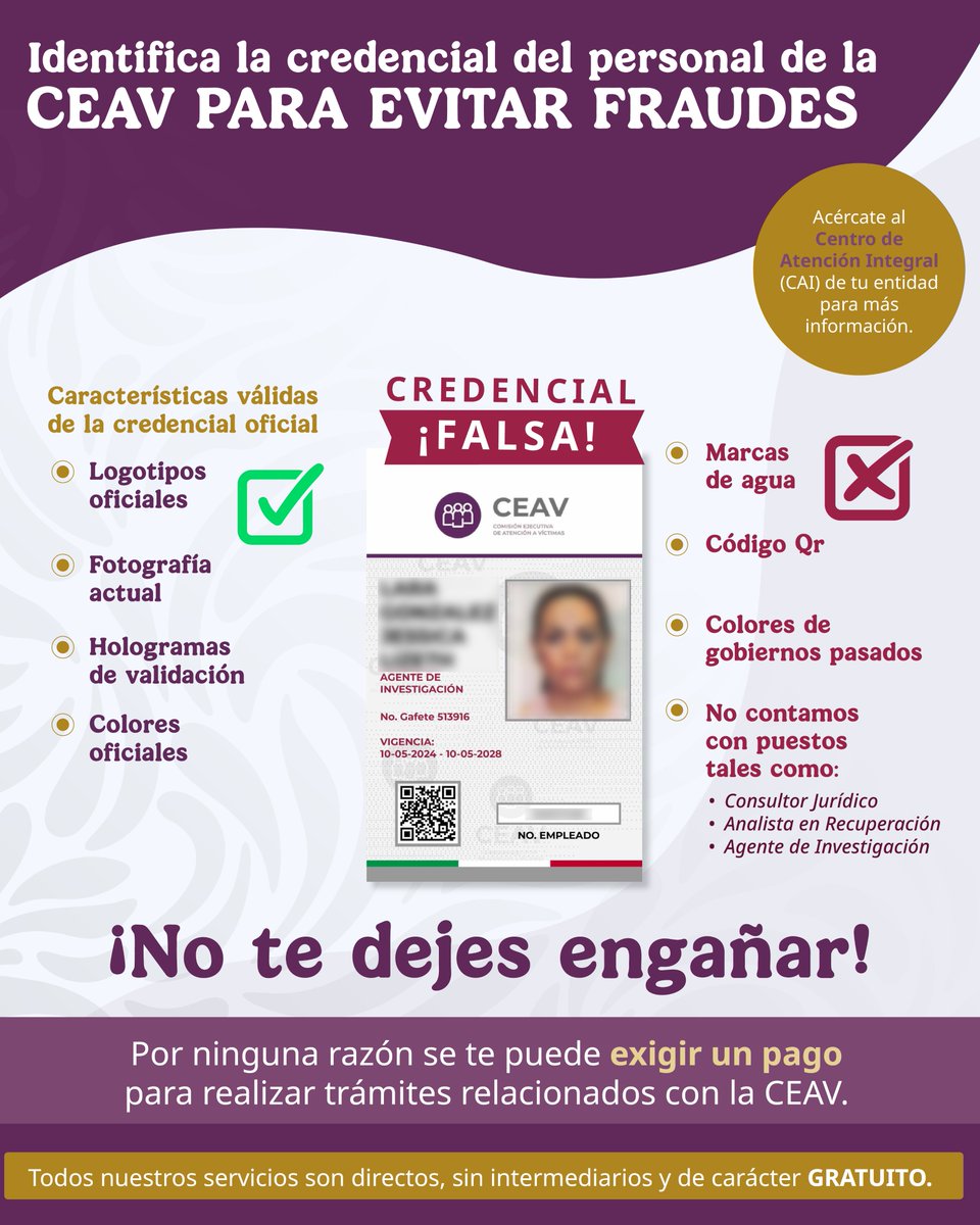 CEAVmex's tweet image. 📢¡No permitas que personas ajenas a la institución te sorprendan!

El personal de la @CEAVmex se identifica con credencial oficial vigente.

Si tienes dudas sobre la identidad de una servidora o servidor público, visita el Centro de Atención Integral (#CAI) de tu entidad.