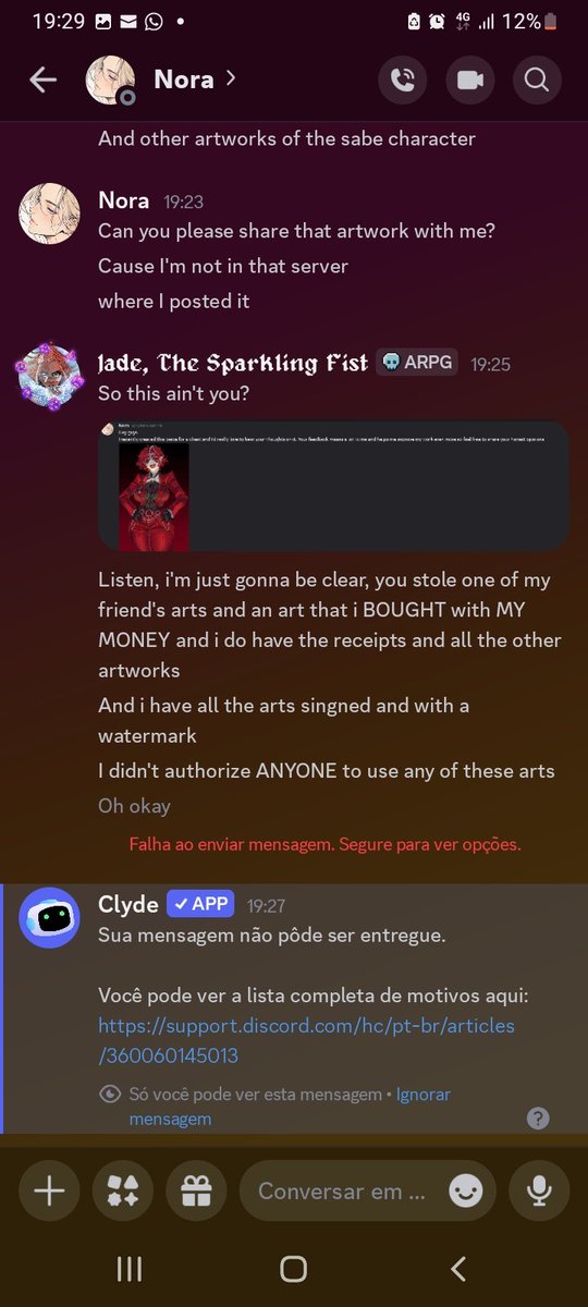 JadeUrya's tweet photo. É muito engraçado como a comunidade artística gringa tá cheia de scammer, a VADIA roubou uma arte que eu comprei de uma artista BR de uma OC minha e publicou como se fosse dela, quando viu que tava encurralada me bloqueou, vai ficar assim não, vingança é um prato que se come FRIO https://t.co/SgEFyRNByu