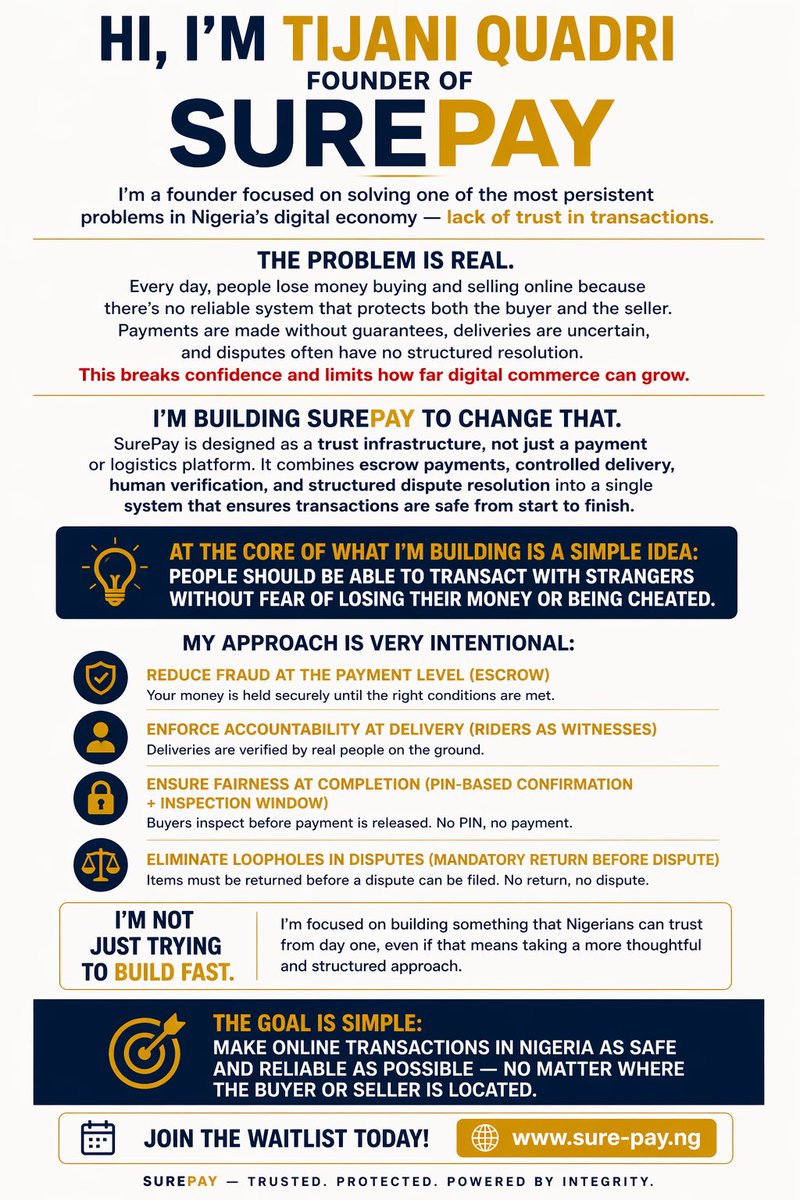 Surepayng's tweet photo. I’m building SurePay to solve one of the biggest problems in Nigeria’s digital economy — lack of trust in transactions.

Every day, buyers and sellers lose money because there’s no reliable system that protects both sides. Payments are made without guarantees. https://t.co/8kZKJ0RsrS