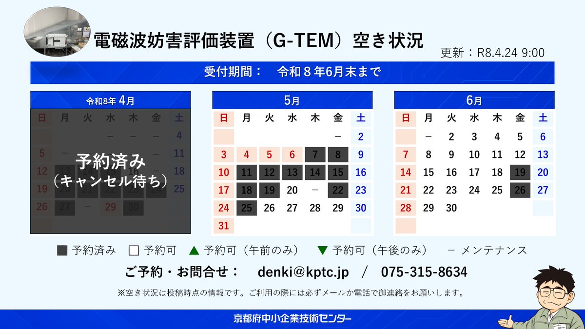 kptc_denki's tweet image. 【電磁波妨害評価装置（G-TEM） 予約受付中】
現在、６月末までのご予約を受け付けています。
 ご利用の際はメールまたはお電話にて事前のご予約をお願いいたします。
皆さまのご利用をお待ちしております。 

▼機器詳細
kptc.jp/kiki/530/

#京都府 #emc