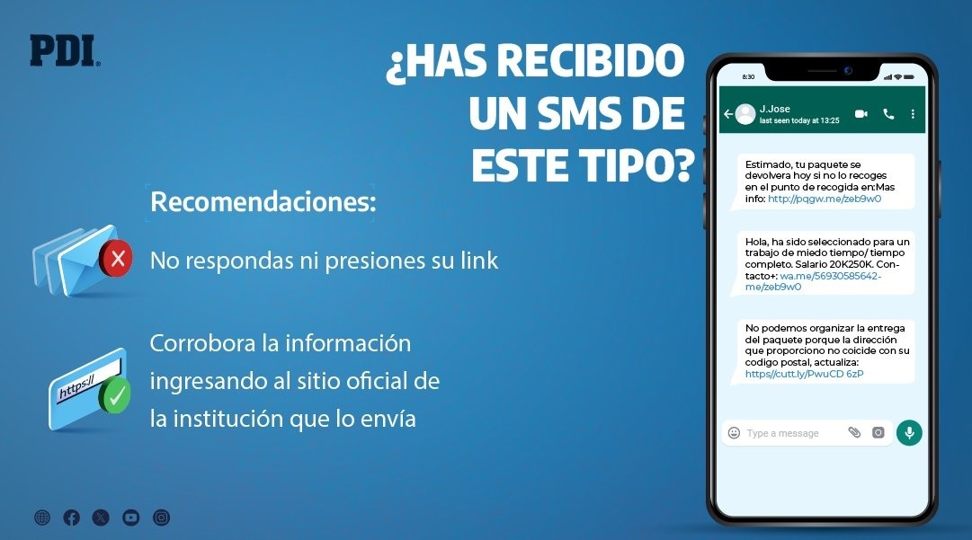 PDI_Arica's tweet photo. Los mensajes de texto pueden ser un medio para realizar ciberestafas 📲 🚨

Revisa los consejos que te da la Brigada Investigadora del Cibercrimen para saber qué hacer si recibiste un SMS sospechoso 🧐

#Arica #Parinacota https://t.co/42JIvmxJWL
