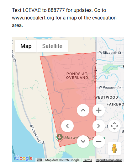 NWSBoulder's tweet image. Map of the current Madatory Evacuations for the fire on the far west side of Fort Collins: Please see additional details at nocoalert.org #COwx #COfire
