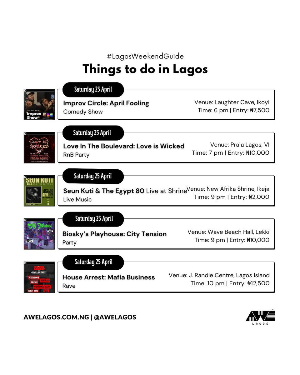 AweLagos's tweet photo. Your Lagos Weekend Guide (April 24–26) is here.

From live music and theatre to exhibitions and a streetwear night market, here’s a curated list of the best things to do in Lagos this weekend.

Lagos is packed this weekend — all that’s left is to pick your vibe.

#LagosWeekendGuide
