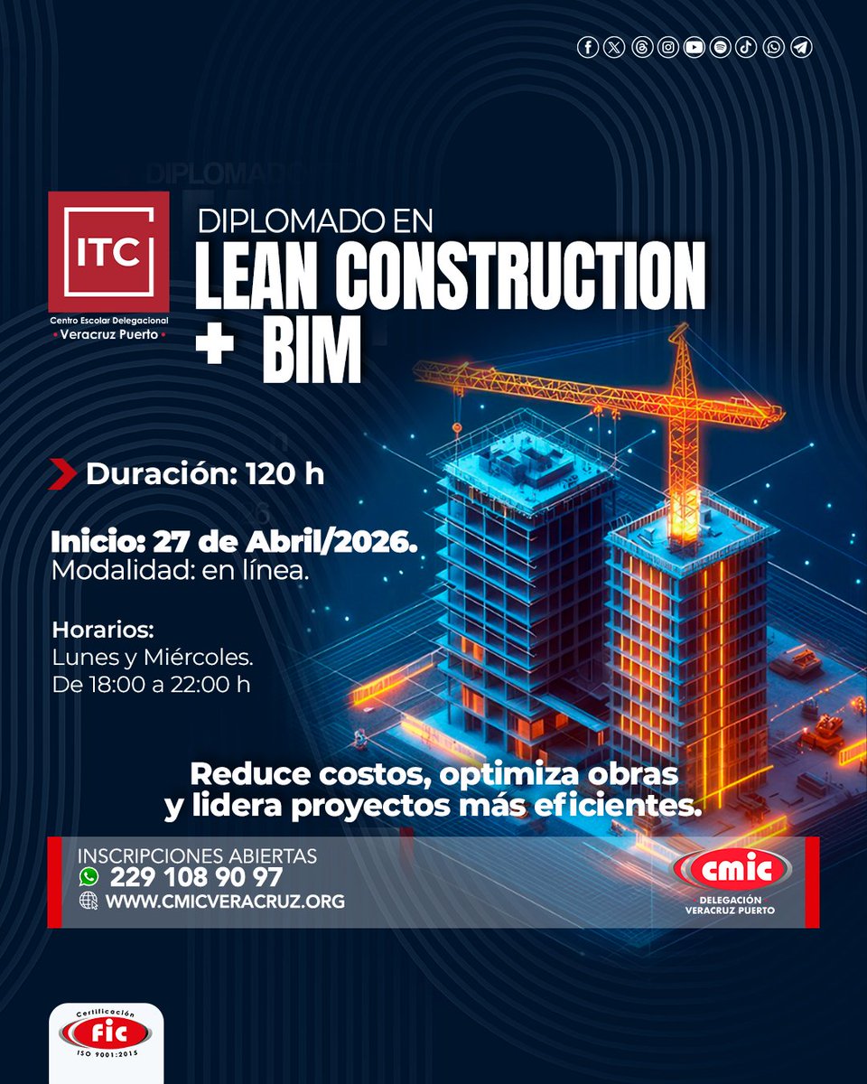 cmicveracruz's tweet image. 🏗️No dejes tu obra al “modo tradicional”. Capacitarte en Lean Construction + BIM te permite reducir costos, optimizar procesos y liderar proyectos más eficientes. 💡

📅 Inicio: 27 de abril 2026
💻 Modalidad: En línea | 120 h

¡Inscríbete!
📲 229 108 90 97
#LeanConstruction #BIM