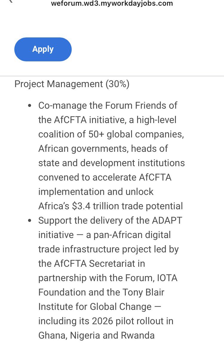 kurt_tangle's tweet image. Job ad posted by @wef:
“Support delivery of #ADAPT, a pan-African digital trade infrastructure project led by @AfCFTA in partnership with @wef, @iota and @InstituteGC, including its 2026 pilot rollout in Ghana 🇬🇭 , Nigeria 🇳🇬 and Rwanda 🇷🇼” 
weforum.wd3.myworkdayjobs.com/en-US/Forum_Ca…
#IOTA #TWIN