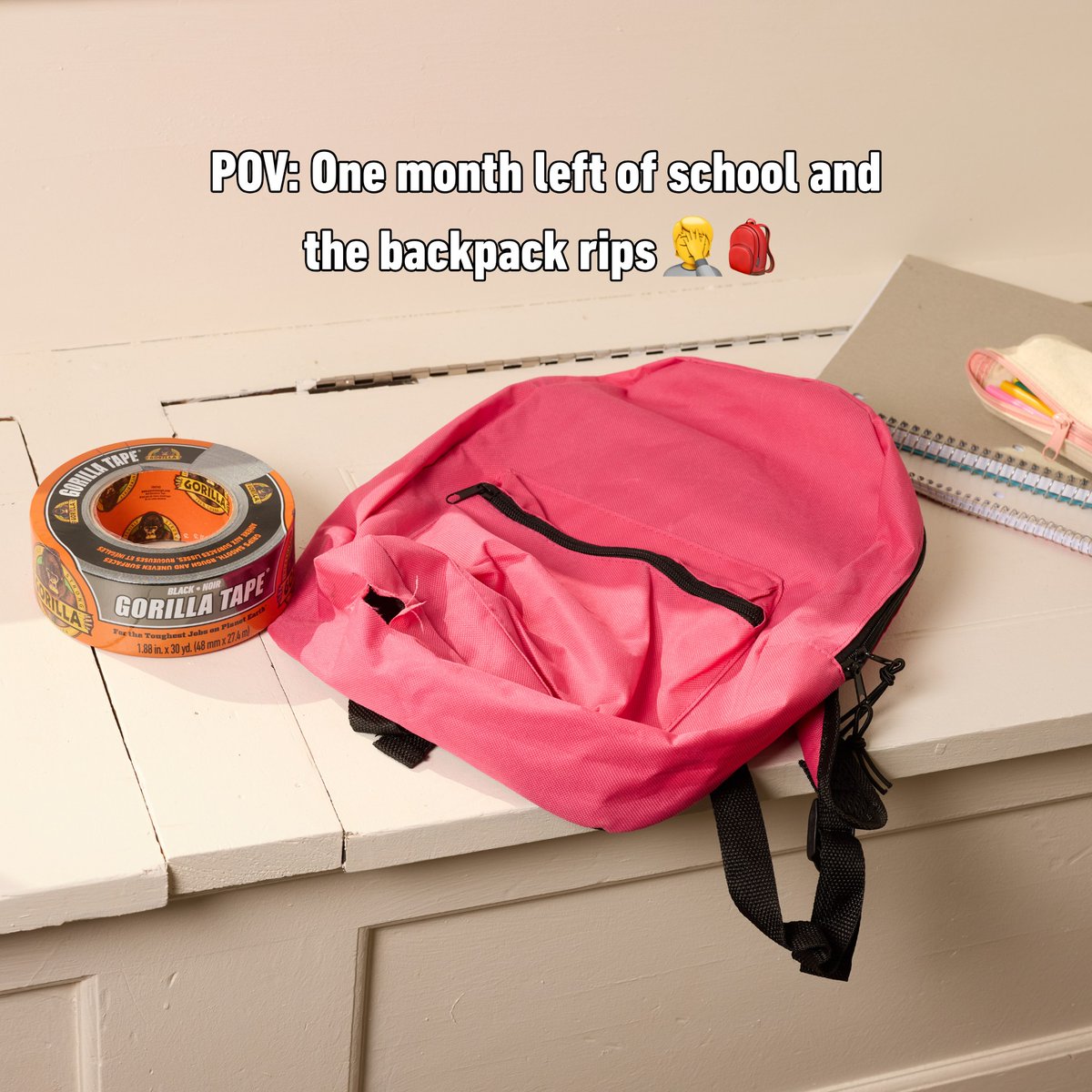 GorillaGlue's tweet photo. School year’s not over yet. One strip of Gorilla Tape and it’s back in action 🎒
#GorillaTape #BackpackFix #SchoolFix #GorillaTough https://t.co/CD1erbdqHW