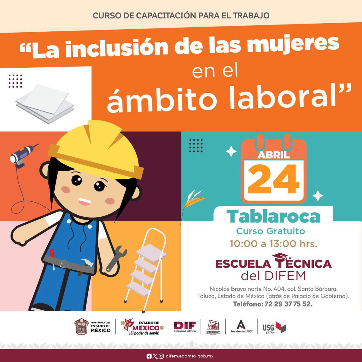 DIFEM_'s tweet image. La inclusión de las mujeres en el ámbito laboral abre puertas a nuevas oportunidades y crecimiento. Mañana en nuestra Escuela Técnica de la #FamiliaDIFEM, capacítate, fortalece tus habilidades y sé parte de un cambio que impulsa un futuro más equitativo. 👩🏻 🔨#ElPoderDeServir