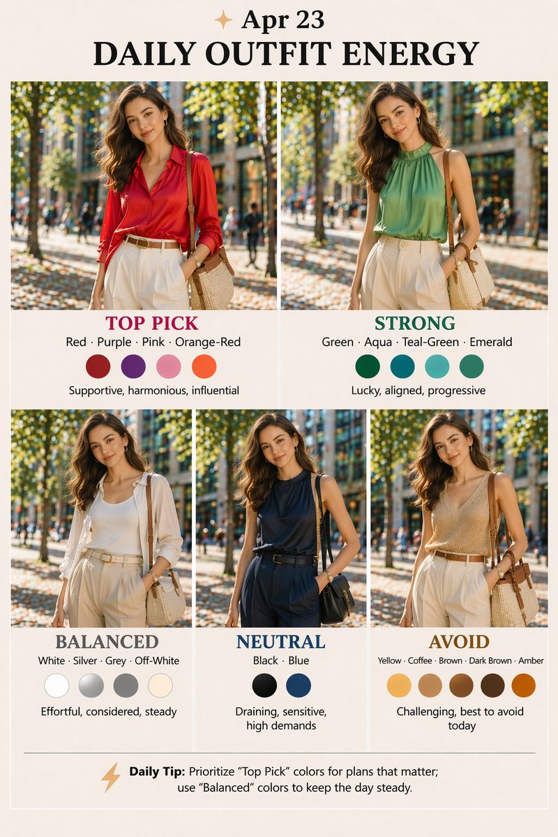 kunhaoguoxue's tweet image. Welcome to today's DAILY OUTFIT ENERGY(Apr 23), your daily guide to align your outfit with the five elements energy. #DailyOutfitEnergy #DailyOutfit #FengShuiTips #DailyEnergy #OutfitInspo #EnergyAlignment #EnergyOutfit