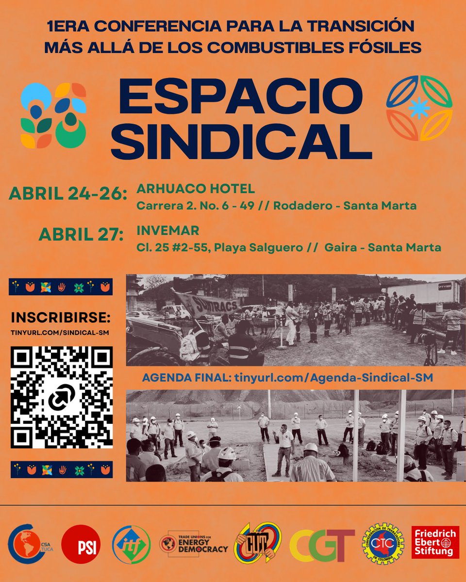 TUED_global's tweet photo. 🪼Bienvenides al Espacio Sindical de la Conferencia de Santa Marta! 

Abril 24, 25, 26: Arhuaco Hotel 
Abril 27: Invemar 

Las y los esperamos en nuestra casa sindical para construir un camino público a transición justa con soberanía económica y energética! https://t.co/eF2i5ewtTT