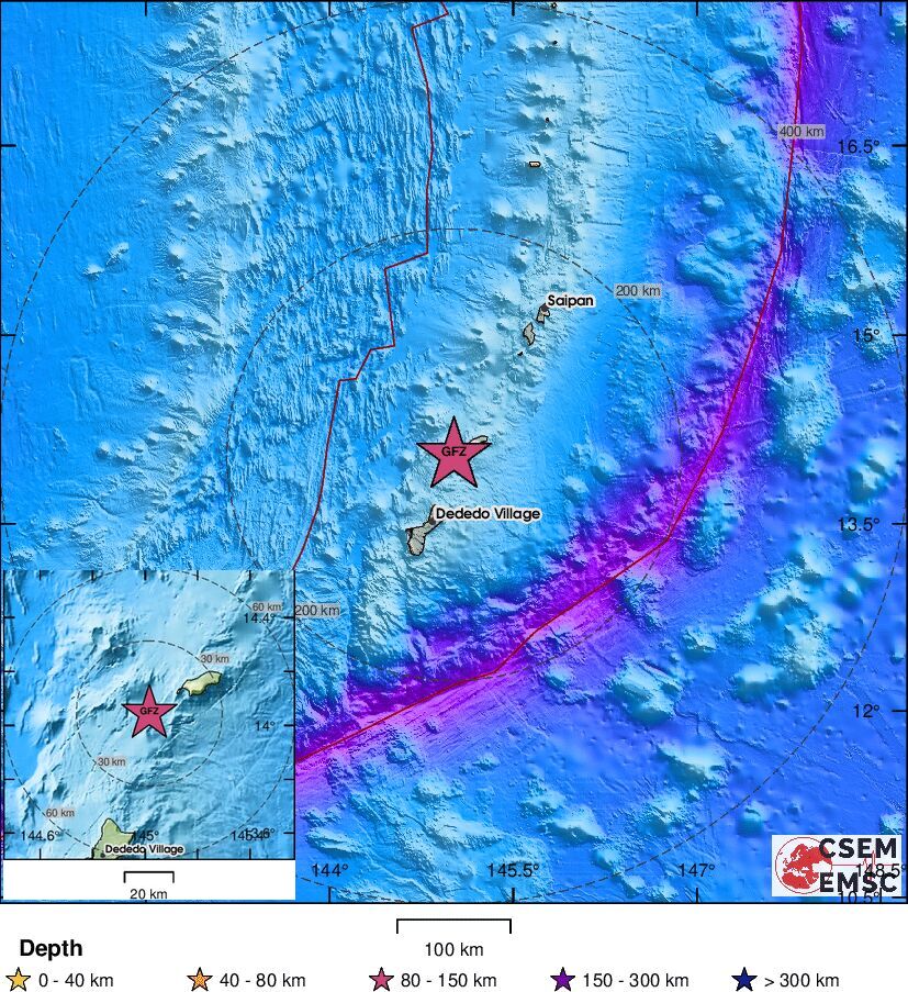 LastQuake's tweet image. #Earthquake confirmed by seismic data.⚠Preliminary info: M5.3 || 61 km N of Dededo Village (#Guam) || 9 min ago (local time 09:22:32). Follow the thread for the updates👇